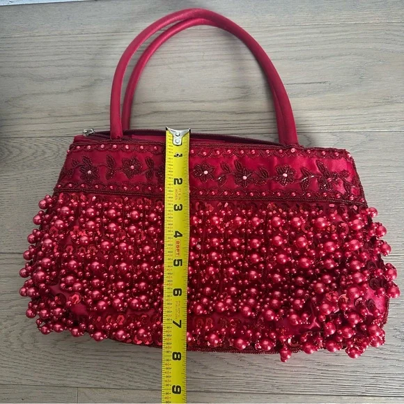 Vintage Red Beaded Evening Bag | Beaded Fringe Statement Purse - Picture 11 of 16